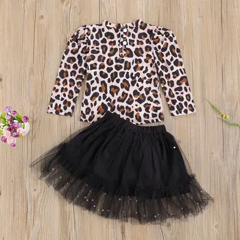 Barn Børn Baby Piger Tøj Sæt Forår, Efterår Leopard Print T-shirts+Sløjfeknude Pearl Tyl Tutu Skørter Outfits Sæt 1-6Y