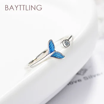 BAYTTLING 925 Sterling Sølv Elegante Blue Whale Tail Zircon Åben Ring For Kvinder Mode Smykker Par Ring Gave