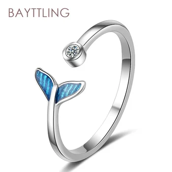 BAYTTLING 925 Sterling Sølv Elegante Blue Whale Tail Zircon Åben Ring For Kvinder Mode Smykker Par Ring Gave