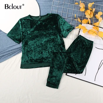 Bclout Efteråret Velvet Varmt Nattøj Grønne Solid Kortærmet Top Lange Bukser Hjem Passer Til Pajama For Kvinder Loungewear Kvindelige 2021