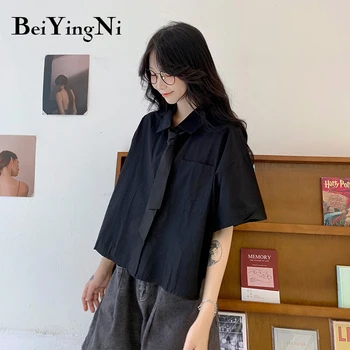 Beiyingni Nye Mode Løs Oversize Korte Ærmer Bluser Dame Turn-down Krave Studerende Sød Bluse Kvindelige koreanske BF Shirts