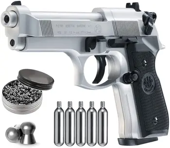 Beretta M92FS Luft Pistol med 5x12 CO2-Tanke og pakning af 500ct Bly Pellets Bundt (Nikkel/Sort+Tilbehør) Metal væg tegn