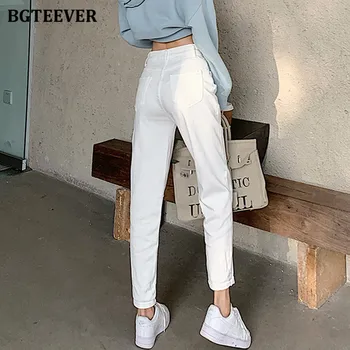 BGTEEVER Casual Høj Talje Harem Jeans Bukser til Kvinder Foråret Løs Lommer Kvindelige Denim Hvide Jeans 2021 Streetwear Bukser