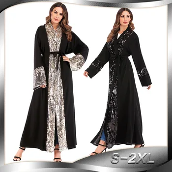 BianFeng Kvinder, Muslimske Paillet Abaya Kjole Syning Cardigan Vestlige Mode Solid langærmet Kjole Farve Sort
