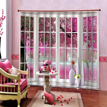 Big Tree Pink Blomster Gardiner Uden for Vinduet Hjem Mode mørklægningsgardiner Til stuen