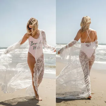 Bikini Dække Op På Stranden Long Maxi Dress Kvinder Beach Cover Up Tunika Pareo Hvid V Neck Dress Robe Badetøj Badetøj Badetøj