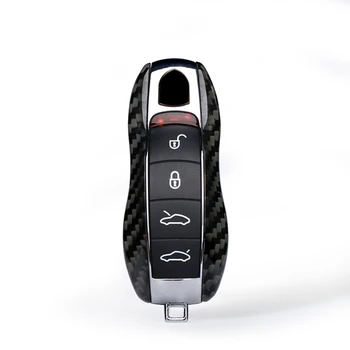 Bil Auto Ægte Carbon Fiber Fjernbetjening Smart Key Dække Fob Tilfældet For Porsche Cayenne Panamera Nøglering Keybag Trim Moulding Cap Sort