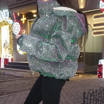 Bling Glitter Sparkle Kvinder Polstret Jakke, Hættetrøje Afgrøde Frakker Lynlås Løs Outwear Streetwear 2020 Vinter Varm Tyk Korea