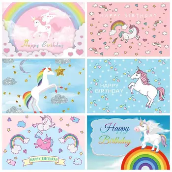 Blomst Rainbow Unicorn Himlen Pink Fødselsdag Baggrund Fotografering Foto Baby Party Room Decoration Børn Badekar Custom Vinyl Baggrund