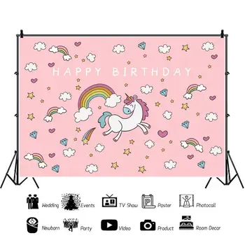 Blomst Rainbow Unicorn Himlen Pink Fødselsdag Baggrund Fotografering Foto Baby Party Room Decoration Børn Badekar Custom Vinyl Baggrund