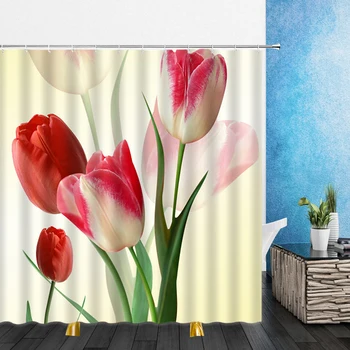 Blomster badeforhæng Pink Gul Lilla håndmalede Blomster 3D Vandtæt Badeværelse Home Decor Badekar Polyester Gardin Sæt