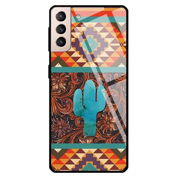 Blomster Turkis Kaktus Navajo Aztec Hærdet Glas Cover Til Samsung Galaxy S21 Ultra S20 FE S8 S9 S10 Plus Note 10 20 Tilfælde