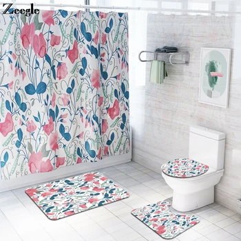 Blomstret Mønster, Badeværelse Tæppe Sæt med Vandtæt badeforhæng Badeværelse Mat Sæt U-Formet Toilet Tæppe og Anti-slip Fod Tæppe