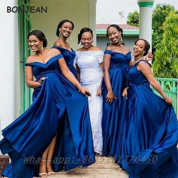 Blue Brudepige Kjoler 2021 Satin A-Linje V-Hals Lace Up Back-Delt Gulv Længde Afrikanske Brudepige Kjole til Kvinder Bryllup