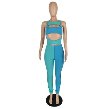 Blå Grøn Farve Blokering Patchwork Kvindelige Træningsdragt Skære Hul Ærmeløs Slim Fit Afgrøde Top og Tynde Legging Sweatsuits