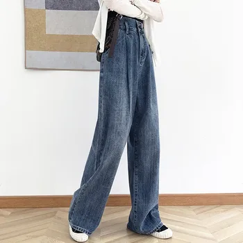 Blå Jeans Store Taille Haute Femme Høj Talje Jeans Kvinde Mødre Løs Plus Size Jean Kvindelige Bred Ben Bukser, Koreansk