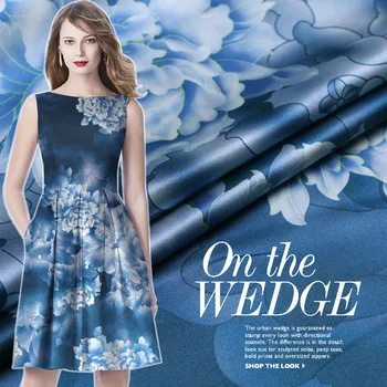 Blå Peony digital inkjet tung silke-stretch satin stof naturlige silketryk tøj bryllup kjole mode stof