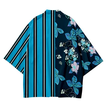 Blå stribet Stranden Harajuku Japansk Sæt Mode Kimono Mænd Kvinder Cardigan Lejligheder Obi Asiatisk Tøj Bukser Kulør Plus Size XS-6XL
