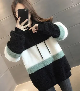 Blød tyk lam uld sweater kvinder, vinter farve matchende jakke kvinder koreansk stil løs hætte langærmet alsidig top