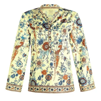 Boheme-Chiffon-Shirts Kvinder Med Lange Ærmer Plus Size Bluse Vintage Chic Løs Casual Boho Etniske Peacock Blomster Print Damer Top