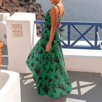 Boheme Sommer Maxi Kjole Dame Elegant Slynge Robe 2021 Chic Beach Blomster Print Vestido Ferie V Neck Strap Kjoler