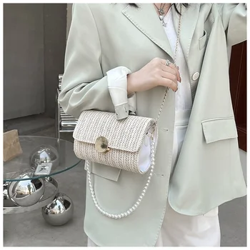 Boheme-Stil, Pearl Kæde Halm Kvinder Mini skuldertaske Harajuku Street Style Cross Krop Tasker til Kvinder Vintage Bolso Mujer