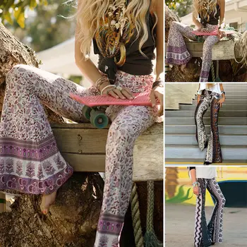 Boho Flare Pants 2019 Kvinder Mode Boheme Løs Lange Bukser Blomstret Print, Bred Ben Bukser Bell Bottom Bukser Hippie Bukser