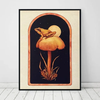 Boho Frog Champignon Plakat og Print Vintage Inspireret Kunst Natur Lærred Maleri Retro Væg Billede til stuen Home Decor