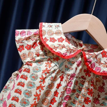 Bomuld Piger Sommer Kjole Nye 2021baby Børn koreansk Mode Blomster Søde Prinsesse Party Dress Korte Ærmer A-linje Børn Tøj