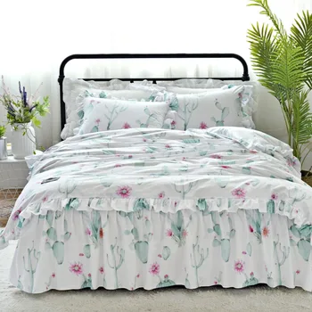 Bomuld Plante Bonsai print kaktus sengetøj sæt dronning King quilt dynebetræk bed nederdel pudebetræk, hvid, sengetøj i 3/sæt 4stk