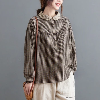 Bomuld Women ' s Skjorte med Lange Ærmer Lace Top Polo Hals, Løs, Afslappet Plaid Shirt i Oversize Toppe Streetwear Bluser Kvinder