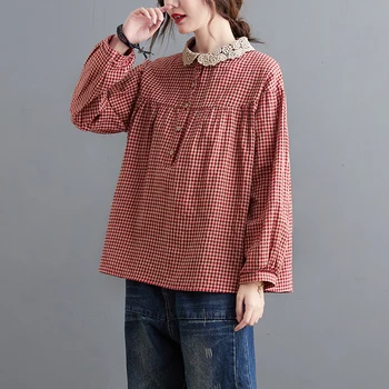 Bomuld Women ' s Skjorte med Lange Ærmer Lace Top Polo Hals, Løs, Afslappet Plaid Shirt i Oversize Toppe Streetwear Bluser Kvinder