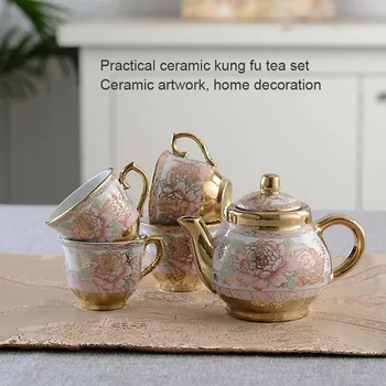 BORREY 5Pcs Porcelæn Te Sæt Keramik, håndmalede Tekande tyrkisk Blomst Te Pot Guld Håndtere Tekop Kop Kaffe Kung Fu Te Sæt