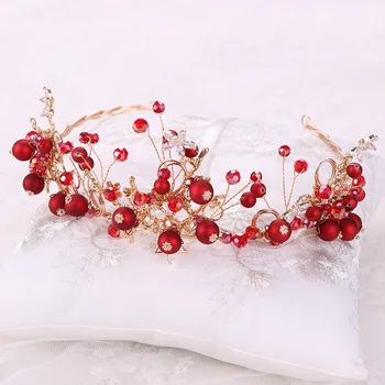 Bridal Crown Pearl Hovedbånd Sæt Prinsesse Krone Rød Tiara Hårbånd, Brude Hår Tilbehør Til Kvinder Rhinestone Blomst Hovedbeklædning
