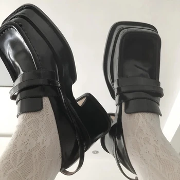 Britisk Stil Med Fladskærms-Platform Sko Kvinde 2021 Foråret Firkantet Tå I Ægte Læder Båd Sko Sort Casual Studerende Sko, Loafers