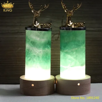 Brolagt Guld Hjorte Naturlige Poleret Grøn Fluorit Sten Nightlight Lampe Dekoration Smykker,Home Office Reiki Mineral Smykker Indretning