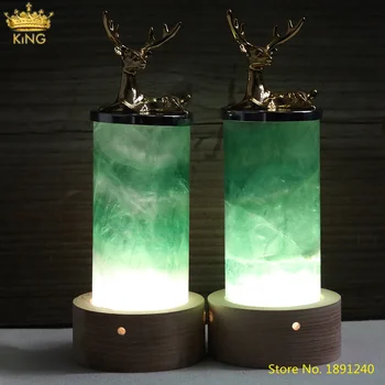 Brolagt Guld Hjorte Naturlige Poleret Grøn Fluorit Sten Nightlight Lampe Dekoration Smykker,Home Office Reiki Mineral Smykker Indretning