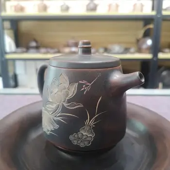 Bronze Antikke Nixing Keramik Tepotte Skåret Præget Lotus på Nixing Ler Te Gryder Han Duo Gong Fu Tekande Med Puer Te