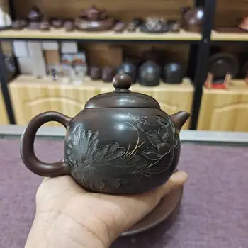 Bronze Antikke Nixing Keramik Tepotte Skåret Præget Lotus på Nixing Ler Te Gryder Han Duo Gong Fu Tekande Med Puer Te