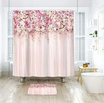 Brude Blomster Væggen badeforhæng Pink Rose Foråret badeforhæng Badeværelse Indretning Stof, Vandtæt Polyester Plast med Kroge