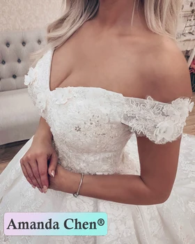 Brude kjoler 2019 Off Skulder Lace Applique Perler Bryllup Kjole