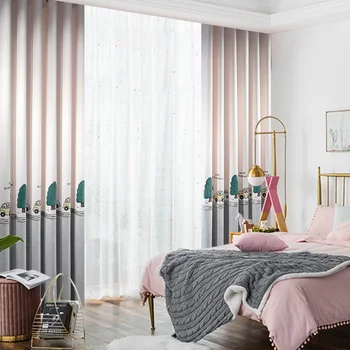 Brugerdefineret grå pink broderede tegneserie børneværelse gardiner pige værelse pige soveværelse prinsesse værelse vindue skygge tilpasning