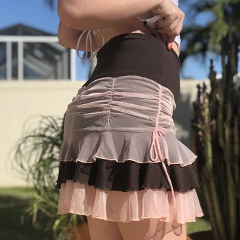 Brun æstetiske nederdele kvinder lav talje frilly miniskirt pink afpuds mesh kawaii tøj