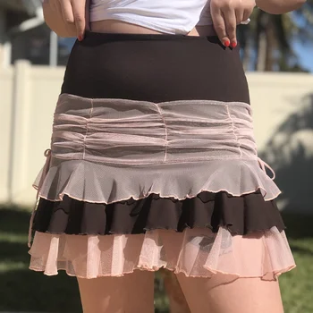 Brun æstetiske nederdele kvinder lav talje frilly miniskirt pink afpuds mesh kawaii tøj
