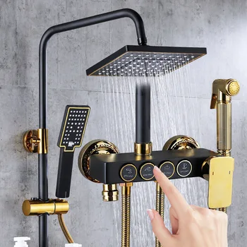 Brusebad brusesæt kobber vægmonteret indenlandske badeværelse brusebad vandvarmer konstant temperatur brusebad dyse sort og guld