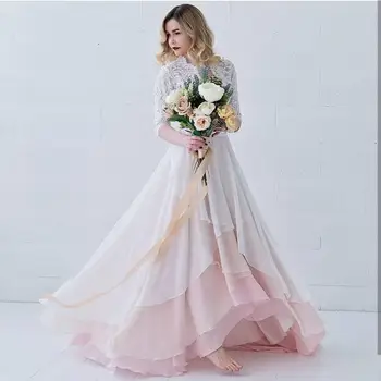 Bryllup Kjole Blush Pink 2021 Til Petite Kvinder Chiffon Brudekjole Strand v-hals Enkel Half Sleeve skræddersyet Gulv Længde