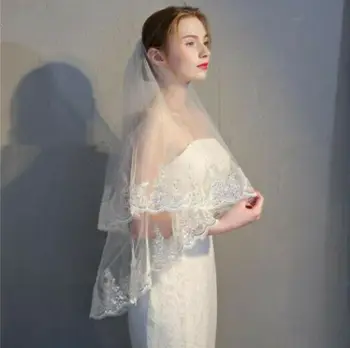 Bryllup Sexy Lace Paillet Håndled Kort Slør Hvid Hvid 2 Lag Fashion Brudens Slør 2023