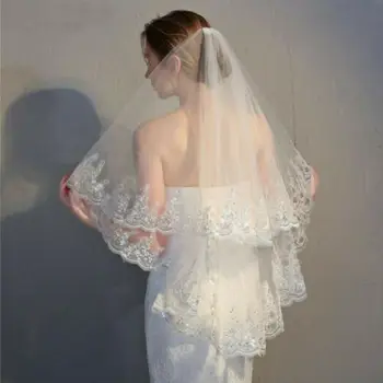 Bryllup Sexy Lace Paillet Håndled Kort Slør Hvid Hvid 2 Lag Fashion Brudens Slør 2023