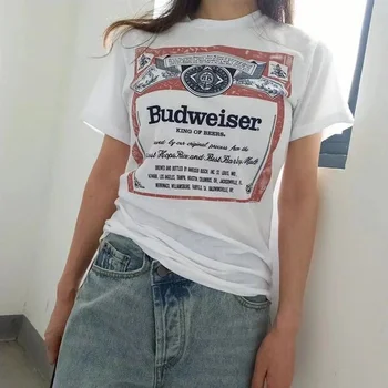 Budweiser Print-Hvid Vintage Stilfuld Oversize T-Shirt Kvinder Nye Korte Ærmer O Hals, Løs, Afslappet Tee Dame Sommer Dropshipping