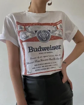 Budweiser Print-Hvid Vintage Stilfuld Oversize T-Shirt Kvinder Nye Korte Ærmer O Hals, Løs, Afslappet Tee Dame Sommer Dropshipping